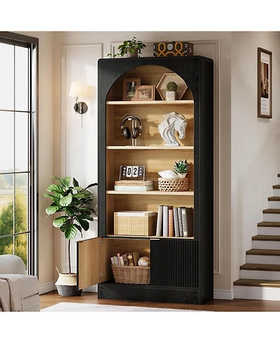Tribesigns 71" Tall Bookcase, 5-Tier Arched Black Bookshelf with Storage Cabinet and Fluted Doors, Modern Farmhouse Standing Wood Bookshelves