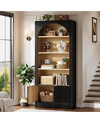 Tribesigns 71" Tall Bookcase, 5-Tier Arched Black Bookshelf with Storage Cabinet and Fluted Doors, Modern Farmhouse Standing Wood Bookshelves