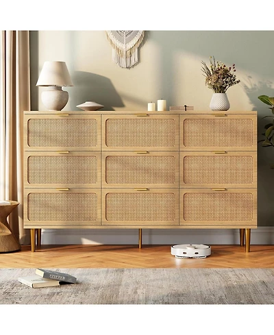 gaomon Rattan 9 Drawer Dresser for Bedroom, Tall Chest of Drawers with Deep Storage and Wide Top, Beige