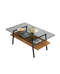 Streamdale Furniture Rectangle Coffee Table, Tempered Glass, Black Metal Legs, Modern Living Room