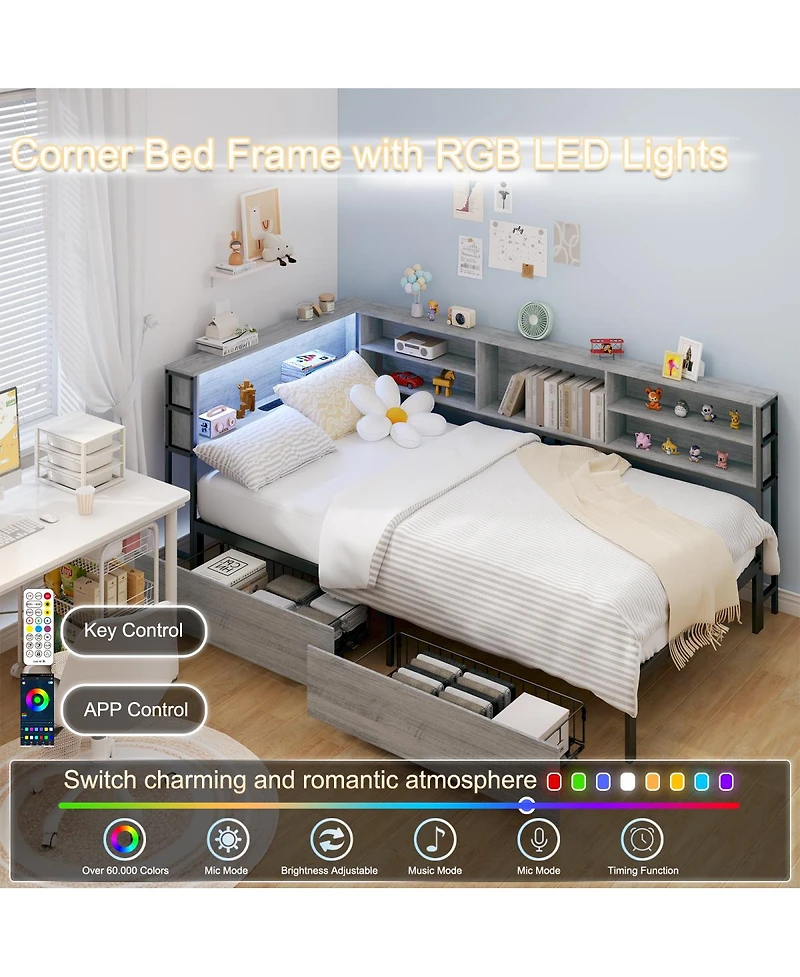 Streamdale Furniture Furniture Twin Corner Daybed with Storage, Bookcase Headboard, Led & Usb