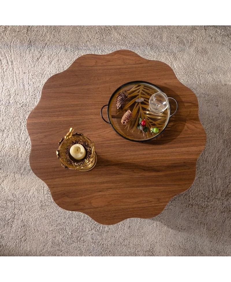 Streamdale Furniture 31.5" Scalloped Edge Walnut Mdf Wood Grain Center Table - Modern Irregular Round Coffee Table