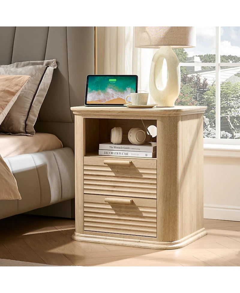 Rainsken 22" Fluted Nightstand with Charging Station, Modern Bedside Table with 2 Drawers and Open Storage for Living Room