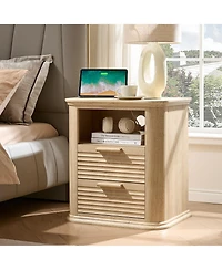 Rainsken 22" Fluted Nightstand with Charging Station, Modern Bedside Table with 2 Drawers and Open Storage for Living Room