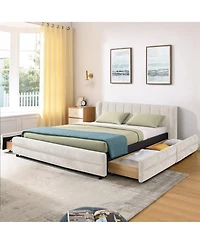 Streamdale Furniture Queen Size Chenille Upholstered Bed Frame with Storage Drawer - Beige