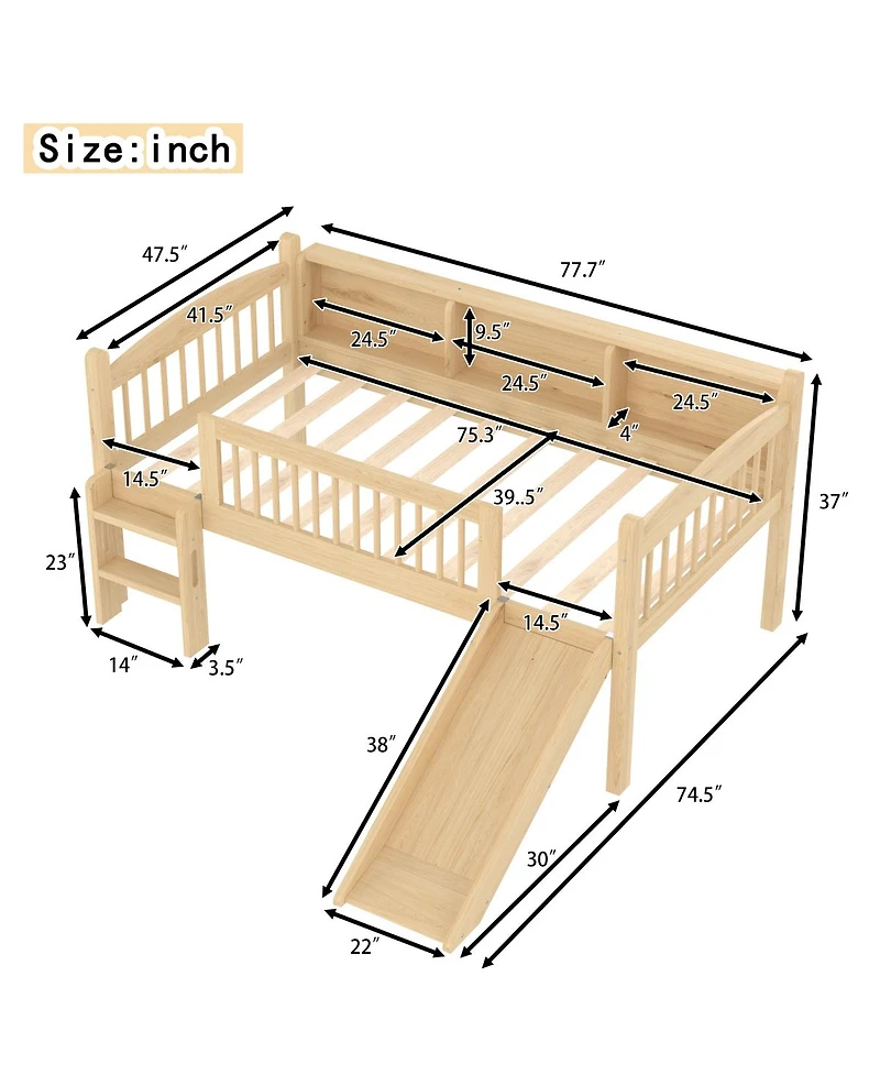 Streamdale Furniture Loft Bed with Storage Shelves, Solid Wood, Led Lights, Guardrails