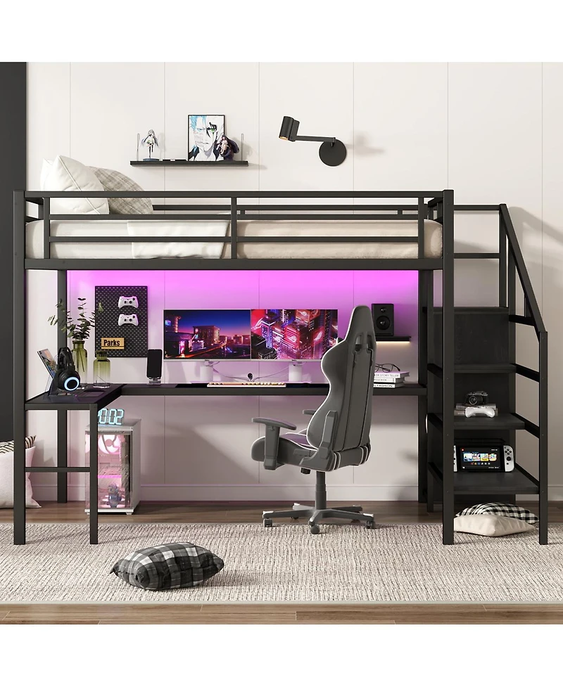 Streamdale Furniture Streamdale Queen Loft Bed with L-Desk, Wardrobe, Usb & Led