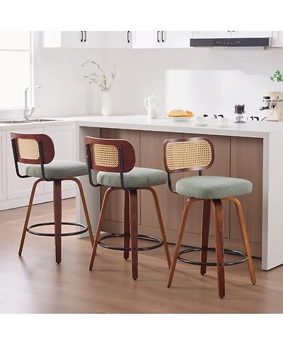 Streamdale Furniture Set of 3, 26-Inch Counter Height Bar Stools - Walnut Black, Cane Rattan, Green Linen Seat