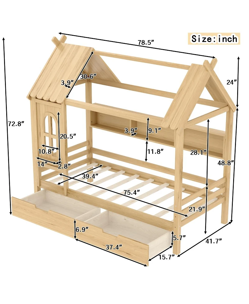 Streamdale Furniture Twin House Bed with Storage Drawers and Shelves, Solid Wood