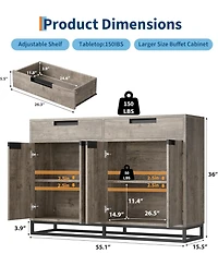 gaomon 55" Kitchen Buffet Cabinet, Modern Sideboard with 2 Drawers & 4 Doors for Dining Room, Grey