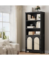 gaomon 70" Tall Farmhouse Bookshelf with Rattan Doors, 3-Tier Open Bookcase with Adjustable Shelves, Black