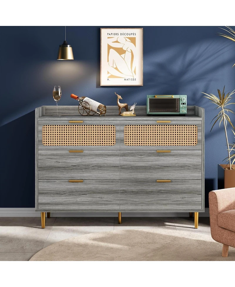 gaomon 6 Drawer Double Dresser for Bedroom, 47" Wide Modern Chest of Drawers, Wooden Storage Rattan Bedroom Living Room Hallway