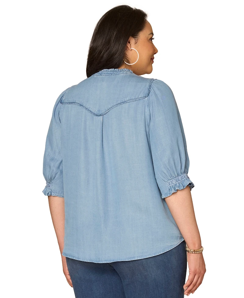Democracy Plus Size Below Elbow Cinched Band-Sleeve Button-Down Top