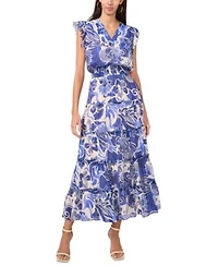 Msk Petite Split Neck Flutter Sleeve Tiered Maxi Dress