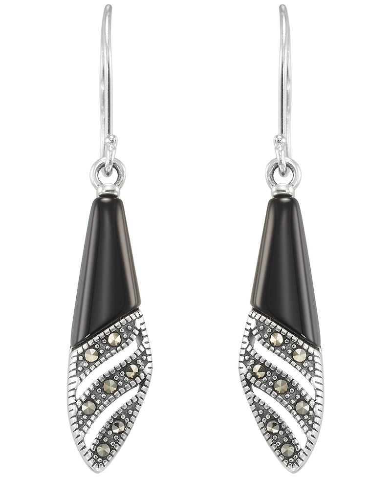Macy's Marcasite (0.09 ct. t.w.) and Onyx (1-1/2 ct. t.w.) Dangle Earrings in Sterling Silver