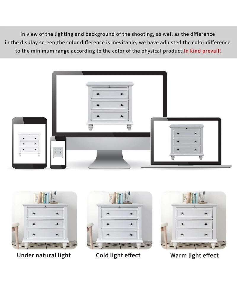 Rainsken 28'' Wood Nightstand, Bedside Cabinet with 3 Storage Drawers and Pull-out Tray, Bedside Accent Table for Bedroom and Office (White)