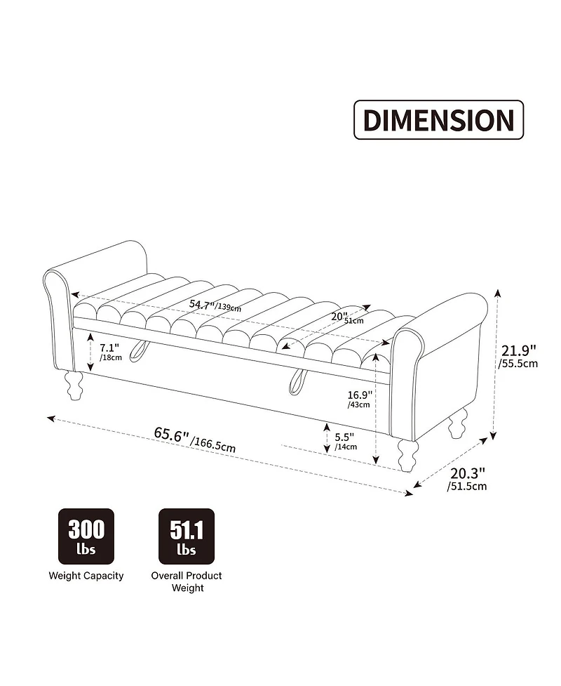 Streamdale Furniture Modern Upholstered Storage Bench with Rolled Armrest, Griege