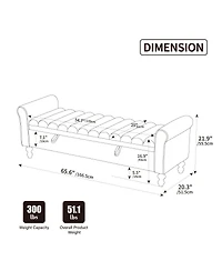 Streamdale Furniture Modern Upholstered Storage Bench with Rolled Armrest, Griege