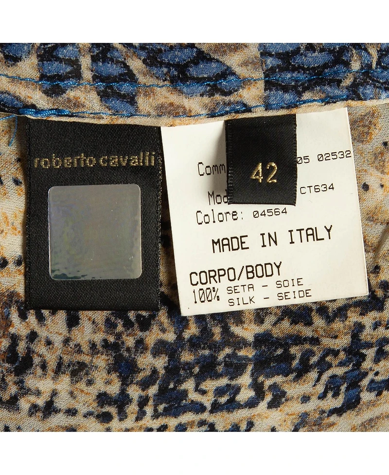 Pre-Owned Roberto Cavalli Women's Blue/brown Printed Velvet Trim Silk Blouse
