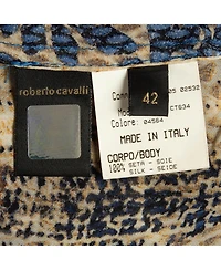 Pre-Owned Roberto Cavalli Women's Blue/brown Printed Velvet Trim Silk Blouse