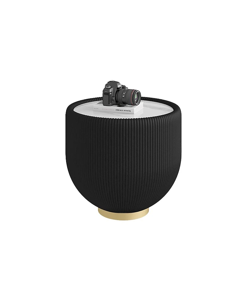 Streamdale Furniture Modern Round Sintered Stone Leather Edge Sofa End Table with Metal Base