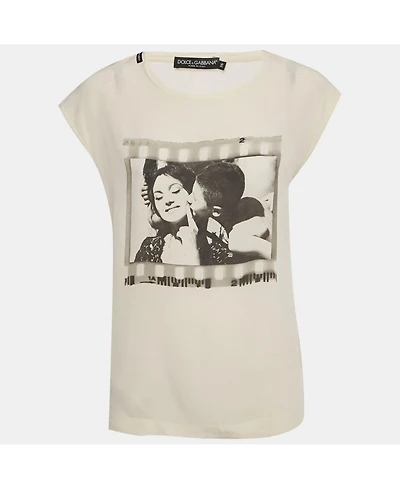 Pre-Owned Dolce & Gabbana Women's Cream Printed Silk Sleeveless Top