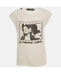 Pre-Owned Dolce & Gabbana Women's Cream Printed Silk Sleeveless Top