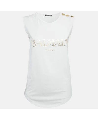 Pre-Owned Balmain Women's White Logo Print Jersey Sleeveless T-Shirt
