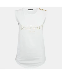 Pre-Owned Balmain Women's White Logo Print Jersey Sleeveless T-Shirt