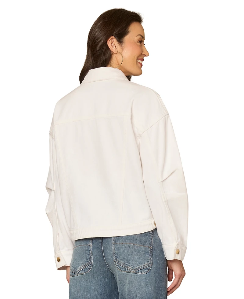 Democracy Petite Oversized Barrel Sleeve Collared Optic White Denim Jacket