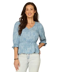 Democracy Petite Below-Elbow Lantern Sleeve V-Neck Top