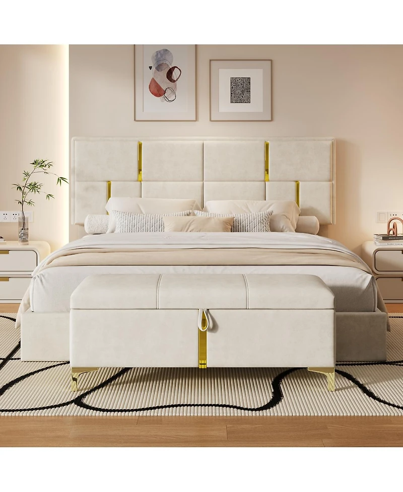 Streamdale Furniture 2-Piece Queen Upholstered Platform Bed with Storage Ottoman