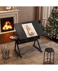 Streamdale Furniture Adjustable Drawing Drafting Table Desk with 2 Drawers & Stool (Black)