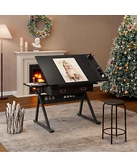 Streamdale Furniture Adjustable Drawing Drafting Table Desk with 2 Drawers & Stool (Black)