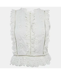 Pre-Owned Zimmermann Women's White Linen Blend Eyelet Crop Top