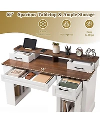 Streamdale Furniture 55" Farmhouse Office Desk with Storage, Barn Door Design, Keyboard Tray, Monitor Stand, White