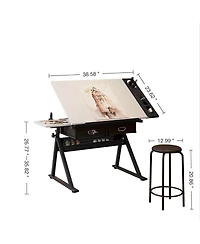 Streamdale Furniture Adjustable Drawing Drafting Table Desk with 2 Drawers & Stool (White)