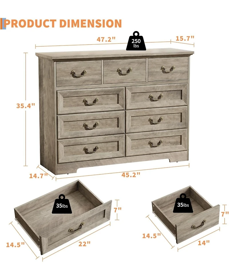 gaomon Farmhouse 9-Drawer Dresser, Rustic Vintage Chest with Natural Texture, Spacious Storage Organizer