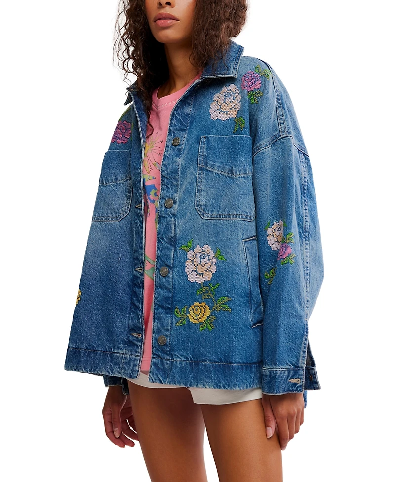 Free People Women's Madison Embroidered Denim Shirt Jacket