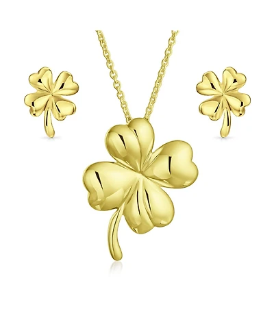 Bling Jewelry Lucky Charm Clover Pendant Stud Earrings Jewelry Set Gold Plated Sterling Silver
