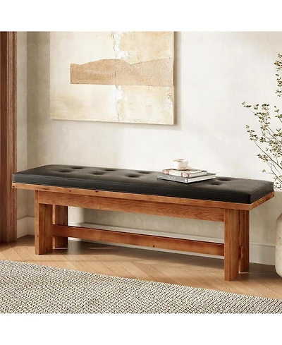 Tribesigns Solid Wood Bench with Cushion, 55" Upholstered Entryway Bench, Button-Tufted Shoe Bench Seat