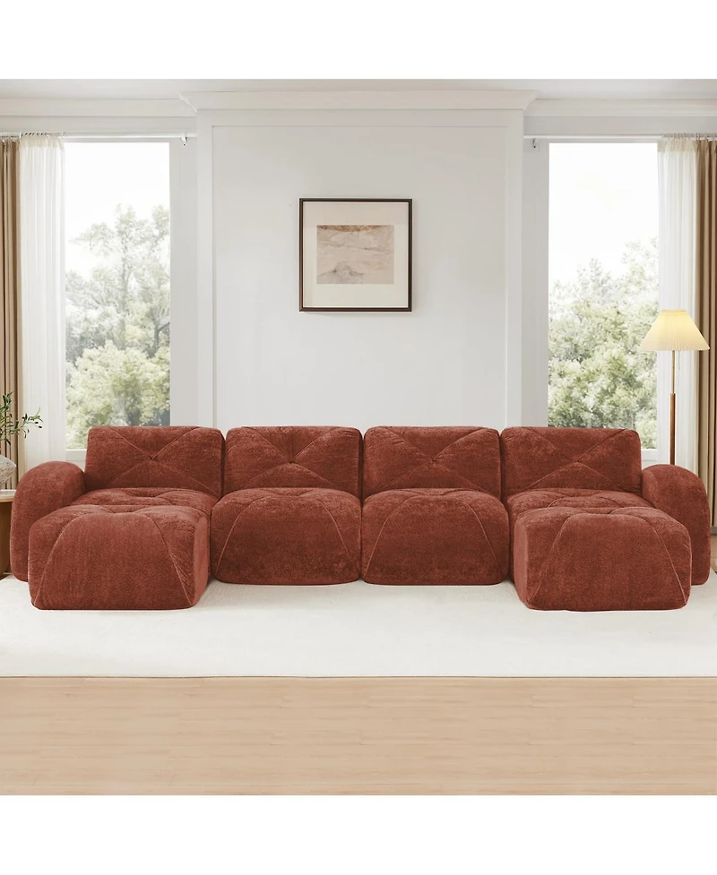 Streamdale Furniture U-Shaped Boneless Sofa, Tufted, 32D Sponge, Anti-Slip, Red Brown