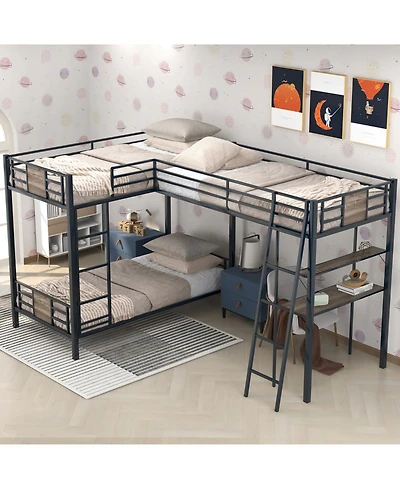 Simplie Fun L-Shaped Twin Over Twin Bunk Bed With Twin Size Loft Bed With Desk And Shelf, Brown