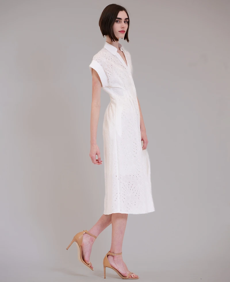 julia jordan Women's Short-Sleeve V-Neck Eyelet Midi Shirt Dress