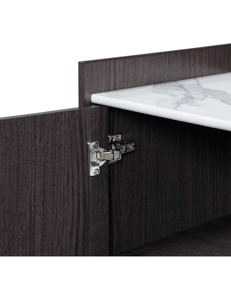 LuxenHome Modi Wenge Accent Cabinet with 2 Doors, Open Storage & Raised Sides, Faux Marble Top, Manufactured Wood