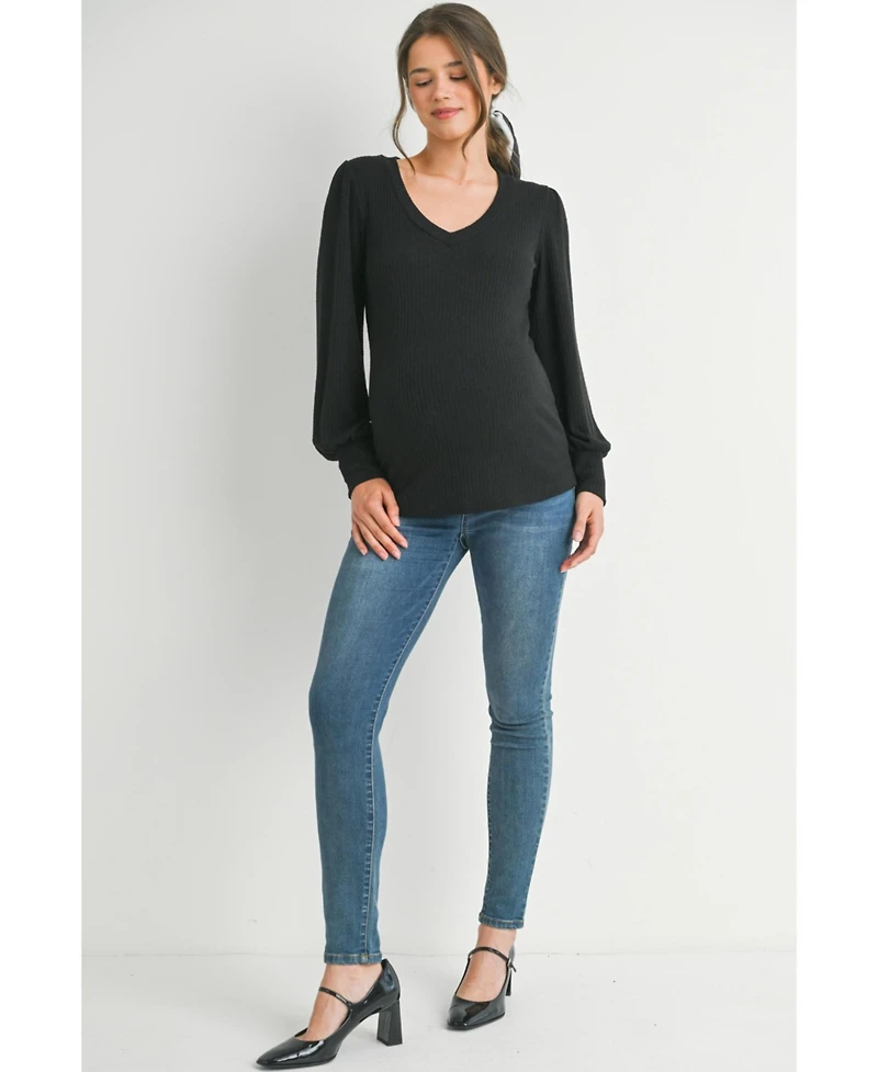 Hello Miz Maternity Long Sleeve Ribbed V Neck Top