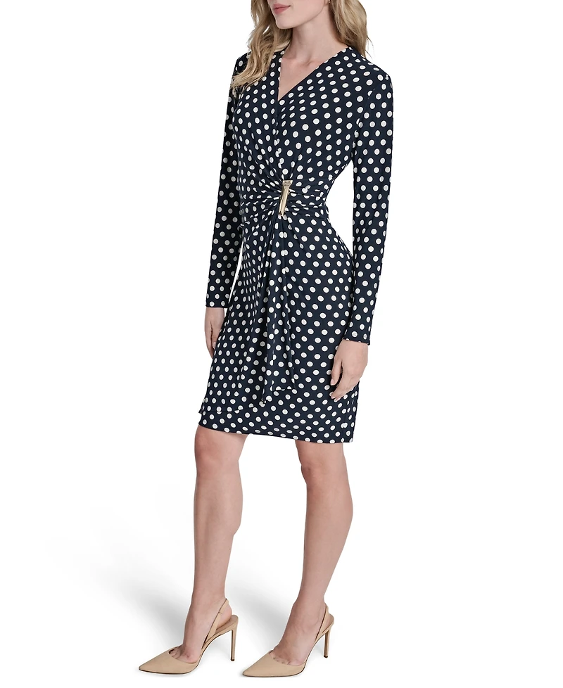 Dkny Women's Long Sleeve Faux Wrap Polka Dot Knee Length Dress