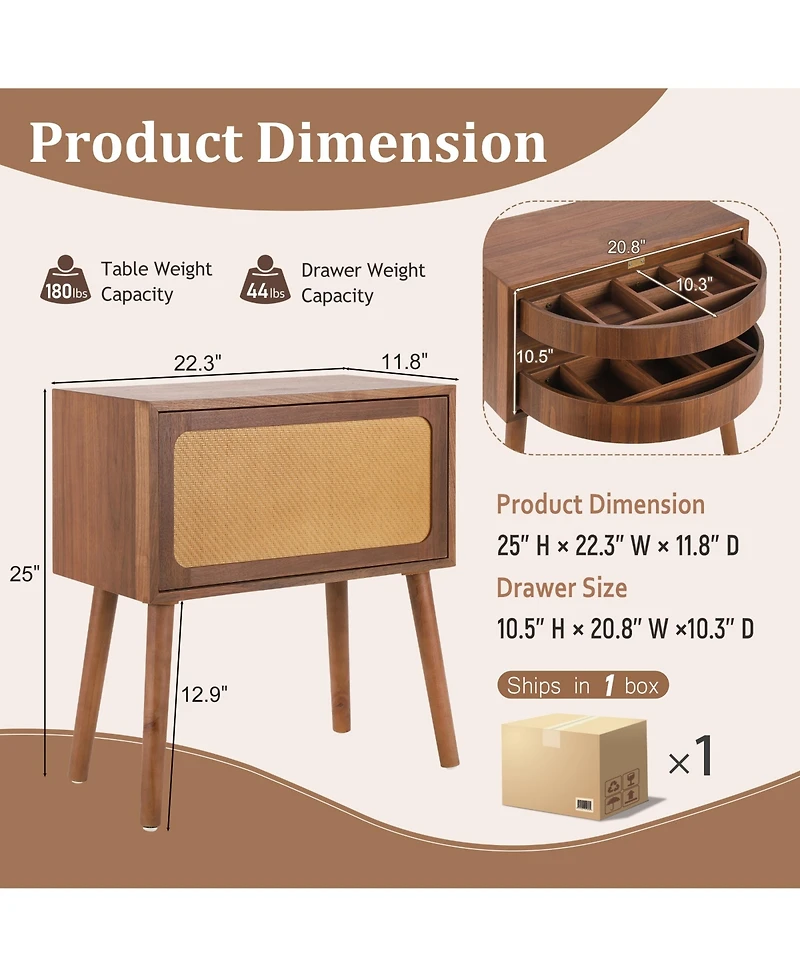 Rainsken Rotating Hidden Compartment Nightstands, Mid Century Rattan Bedside Table with Flip Drawer and Wood Legs for Living Room, Bedroom