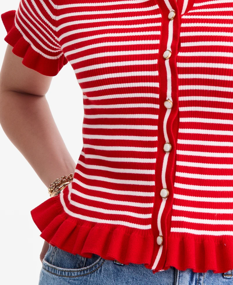 On 34th Women's Short-Sleeve Ruffle-Trim Collared Sweater, Macy's Exclusive