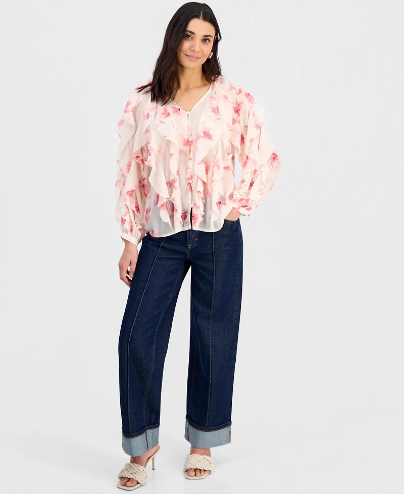 I.n.c. International Concepts Petite V-Neck Ruffled Blouse, Created for Macy's
